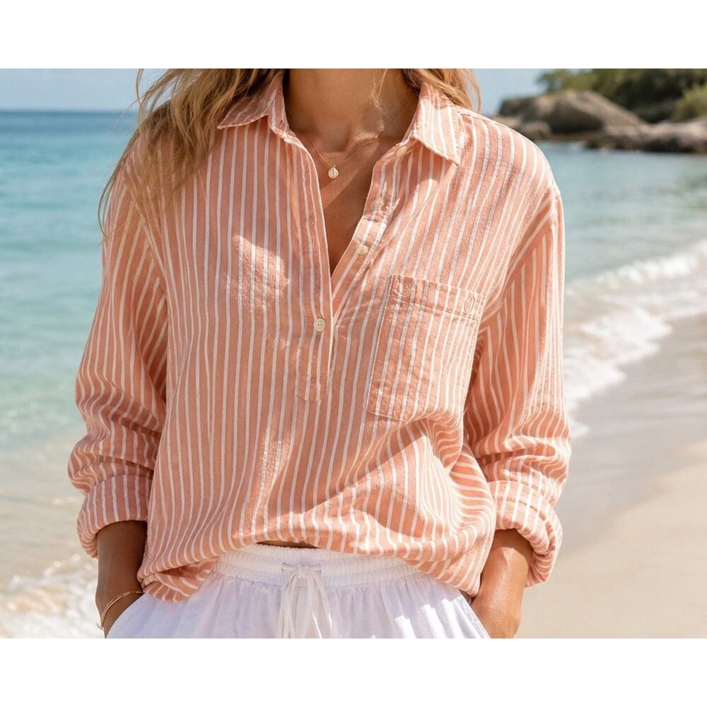 Y2K Nautica Jeans Co W Striped Cotton Twill Pullover Blouse Peach White M Beachy